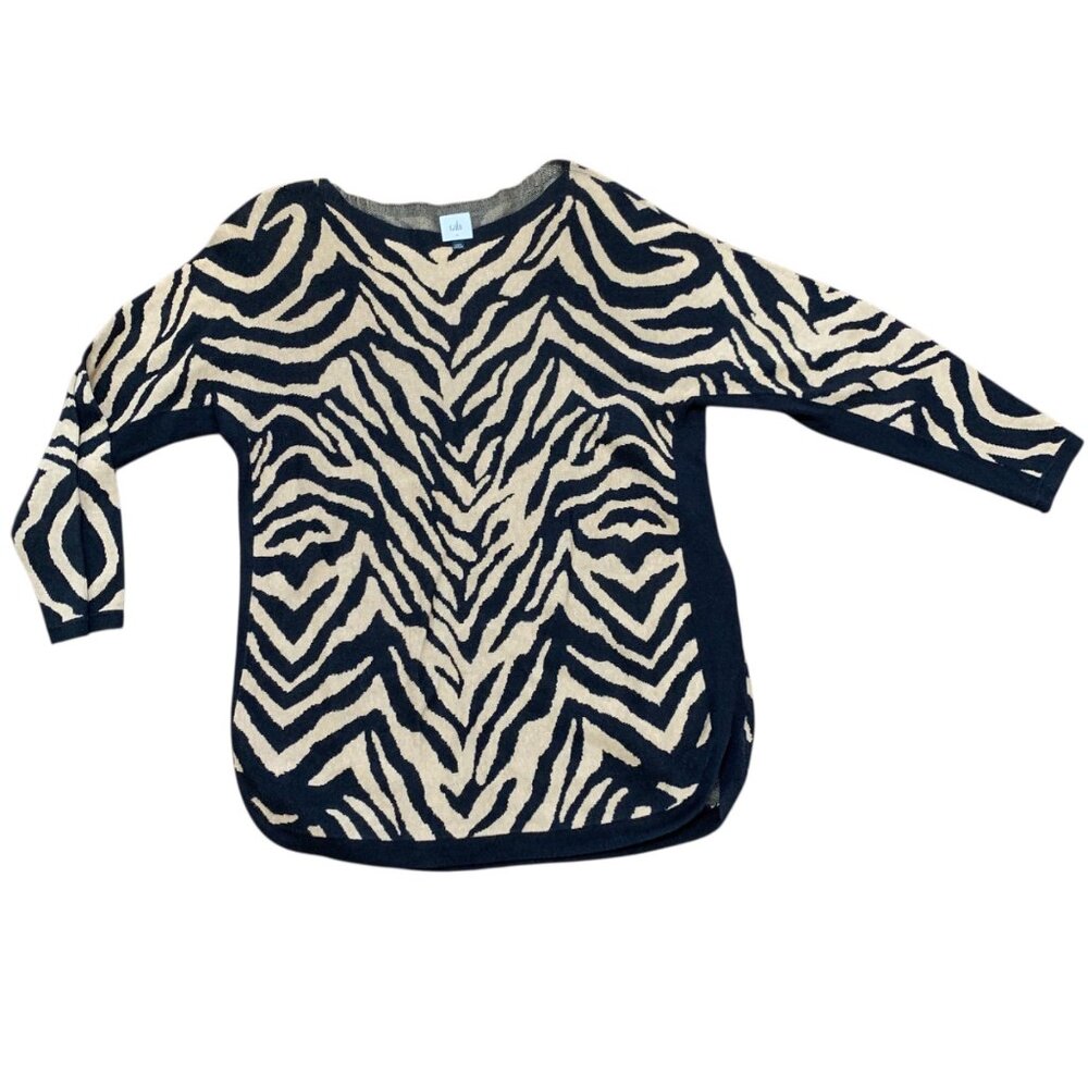 Cabi Zebra Print‎ Knit Sweater Top Sz M Black Beige 3/4 Sleeve Safari Mob Wife